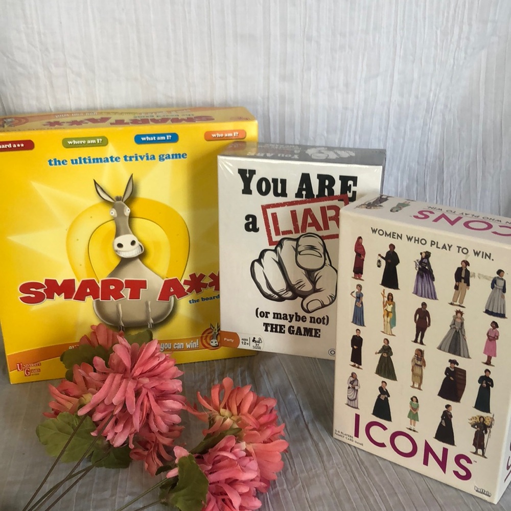 Lot of 3 party games You are a Liar , Icons-Woman who play to win, SMART A**